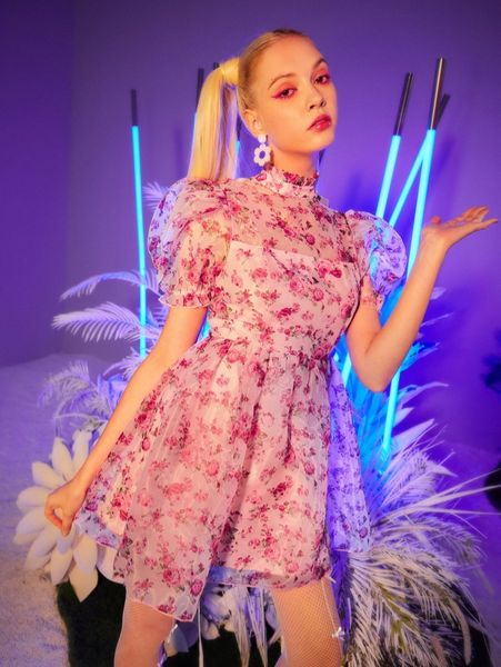 

floral print stand neck dress t7yq#, Black;gray