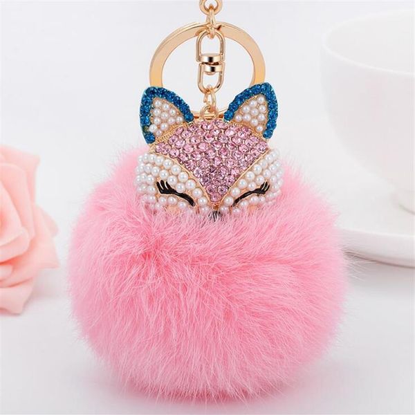 

2020 birthday gift korean version of the -selling diamond fox head rabbit fur hair ball alloy key chain fashion bag pendant ca246u, Black