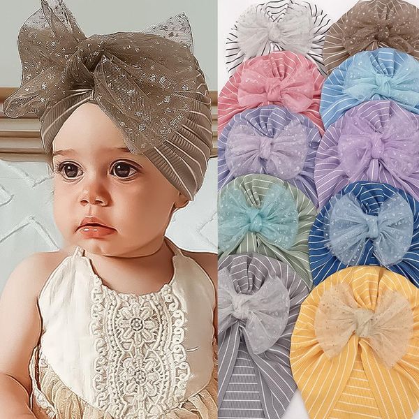 Новая младенца детская кепка кружевная полоса шляпа Bowknot Kids Turban Caps мягкие головные уборы черепа шляпы детей 10 цветов