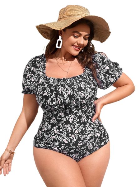 

plus floral frill trim one piece swimsuit i0d8#, White;black