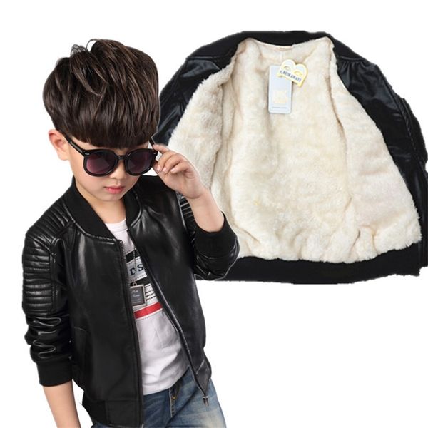 Chegou Boys Coats Coats Autumn Winter Fashion Korean's Children's Plus Velvet Warming Cotton PU couro de couro para crianças LJ201203