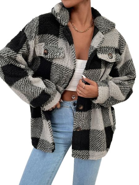 

button front gingham teddy coat j8au#, Black