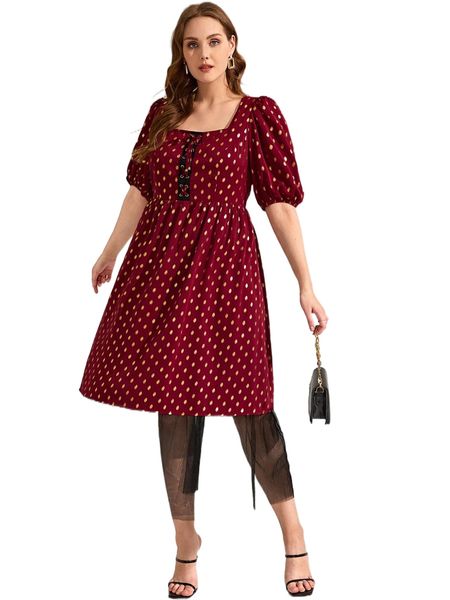 

plus gold dot print lace up front mesh hem dress d2vc#, Black