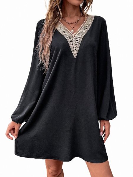 

guipure lace panel lantern sleeve dress m1or#, Black;gray