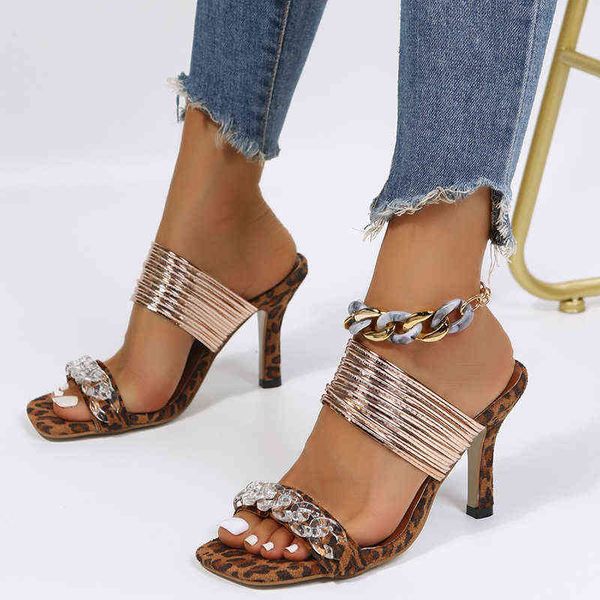 

2022 new leopard print multi belt one line women's sandals high heels thin heels large women's sandals, Black