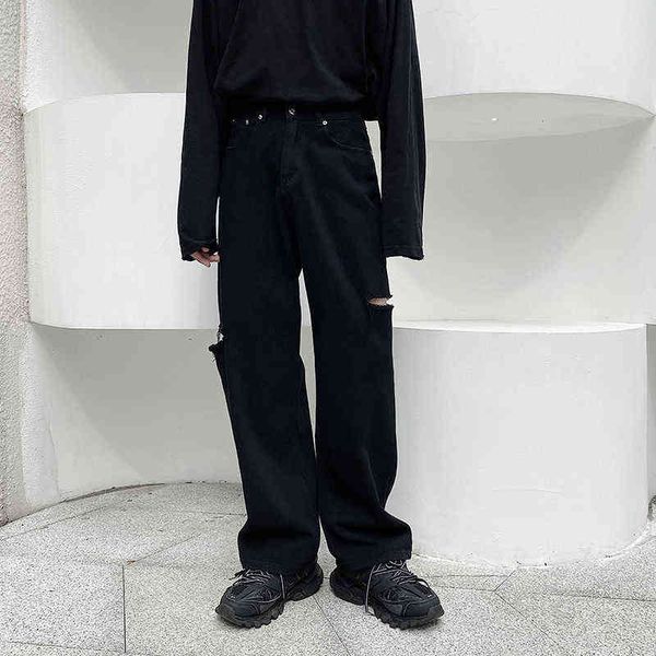 

ripped jeans men's fashion retro casual korean straight jeans men streetwear wild loose hip-hop hole denim trousers mens t220726, Blue