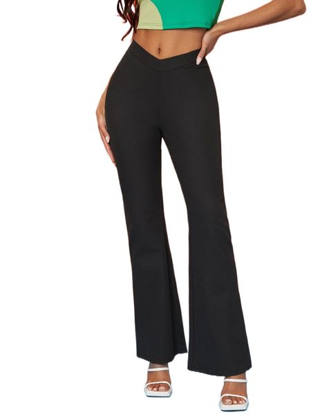 

solid flare leg pants h052#, Black;white