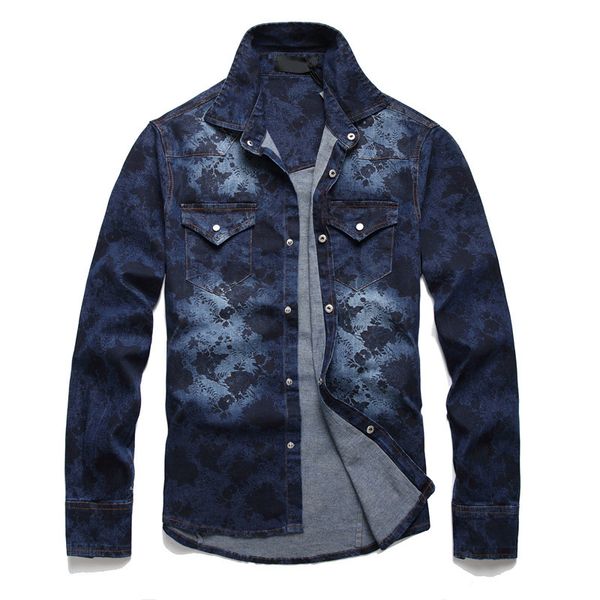 

spring shirts men's printed denim cardigan slim fit long sleeve jeans blouse casual male dark blue cowboy, White;black