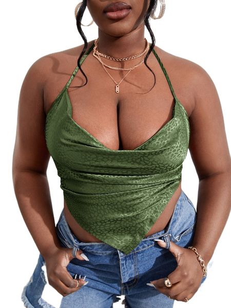 

sxy plus satin draped asymmetrical hem tie back halter j393#, Black