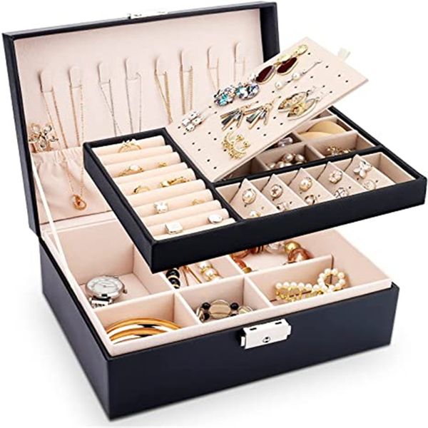 Schmuckschatulle für Halsketten und Ringe, doppellagig, große Schmuckvitrine aus PU-Leder mit herausnehmbarem Tablett für Damen und Mädchen
