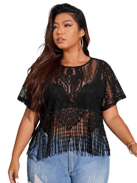 

plus sheer fringe hem lace y65m#, Black