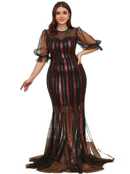 

plus contrast mesh flounce sleeve m-slit back sequin formal dress m57c#, Black