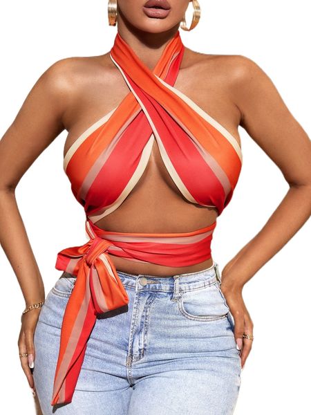 

cross wrap tie front backless colorblock halter d5dk#, White