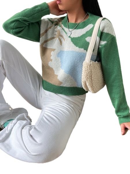 

tropical pattern drop shoulder sweater h62g#, White;black