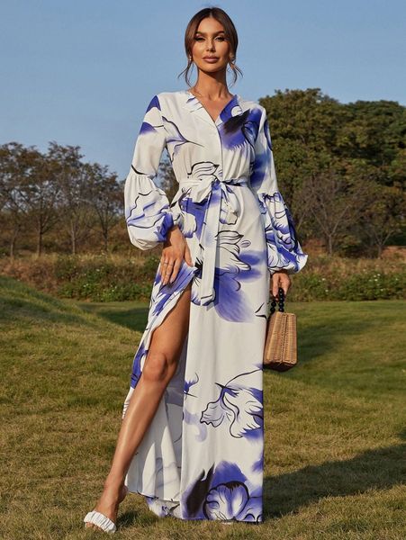 

missord floral print lantern sleeve slit thigh belted dress a8rm#, Black;gray