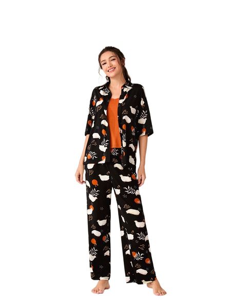 

3pcs tropical & animal print drop shoulder pj set q5ko#, Black;red