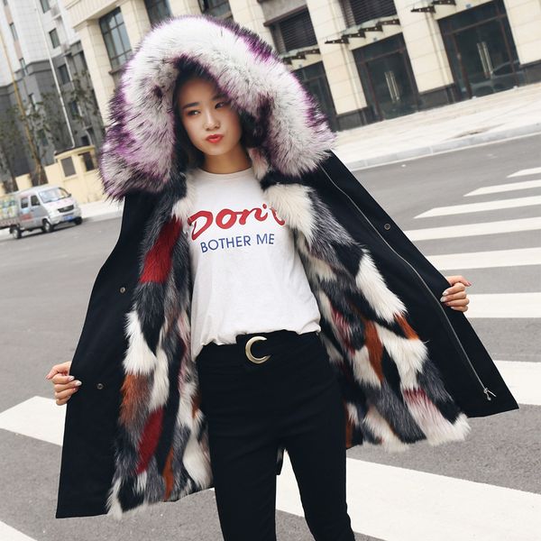 

winter female korean fur faux detachable liner thick cotton coat 201029, Black