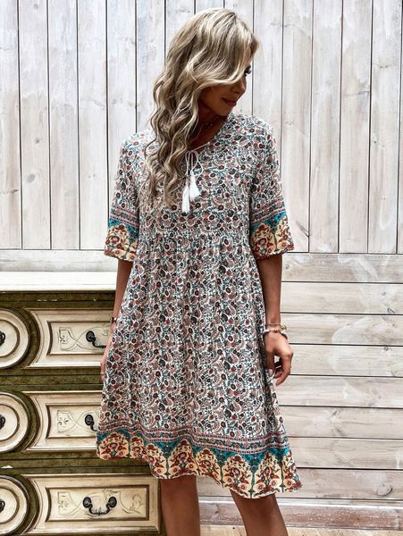 

floral print tassel tie neck smock dress b8fa#, Black;gray