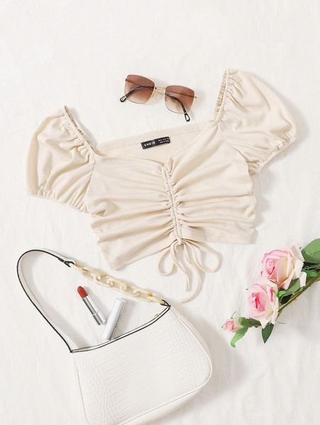 

ruched bust drawstring puff sleeve rib-knit tee o104#, White