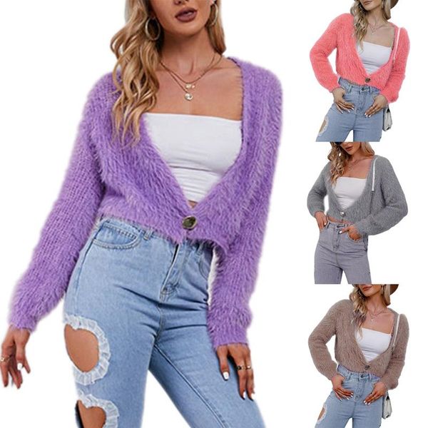 Kadın Sweaters asds-mohair hırkalar kadınların üstleri sonbahar kadınların gevşek gündelik v boyun kısa hırka üst uzun kollu peluş örgü sweaterwome