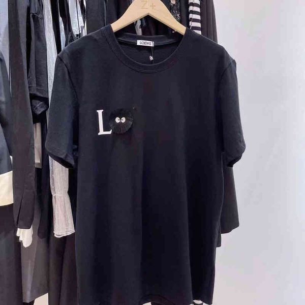 

selling cotton t-shirt tide brand lowe new round neck short sleeve women's three-dimensional embroidery black embossed loose and comfor, White;black