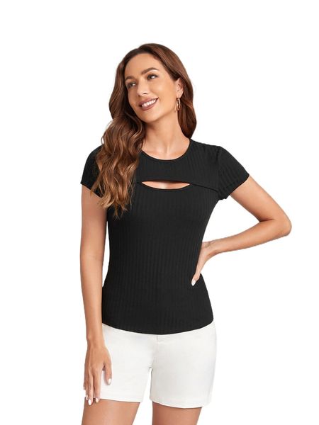 

emery rose ribbed knit cut out tee r6ch#, White