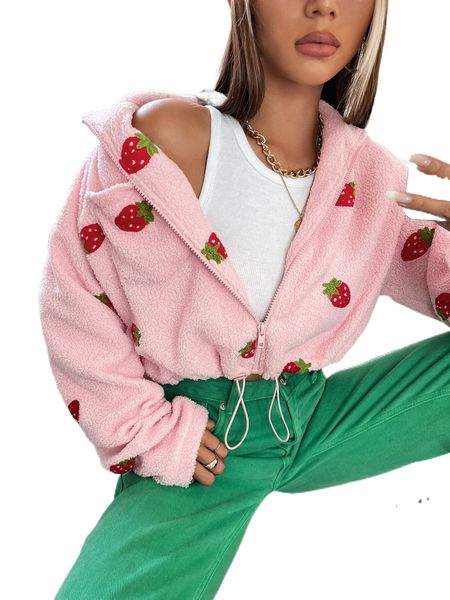 

strawberry embroidery drop shoulder drawstring fleece jacket j9ow#, Black;brown