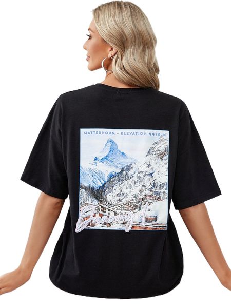 

x alyssa moore illustration mountain & slogan graphic drop shoulder tee c00h#, White