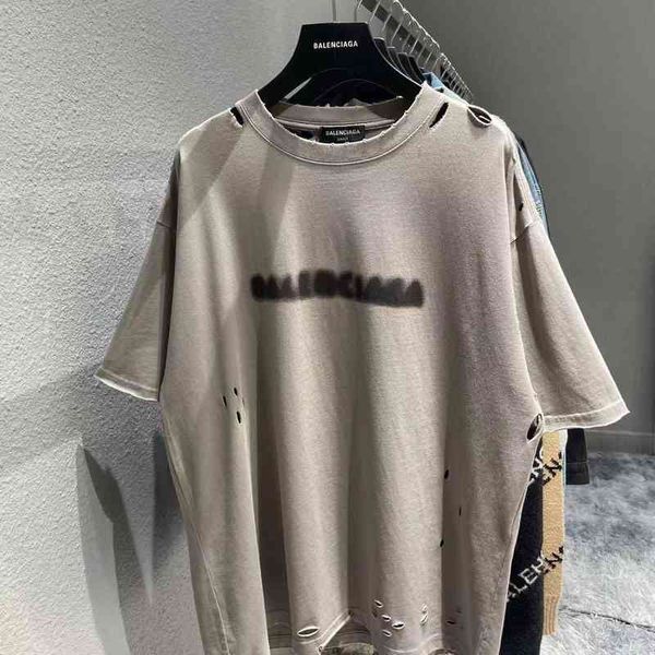 

hip hop balencaigass trendy t shirts broken correct paris spring summer hole washed fuzzy letter cotton short sleeve off shoulder 5-point t-, White;black