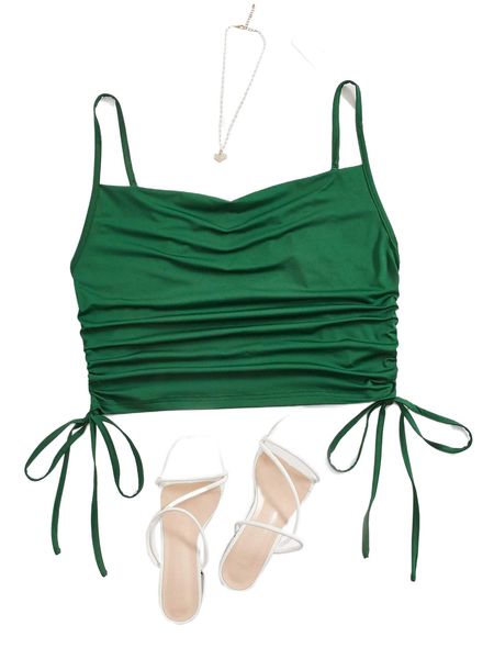 

plus solid ruched drawstring side cami q1es#, Black