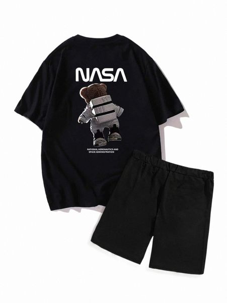 

men bear & slogan graphic tee & drawstring waist shorts h9ot#, Gray