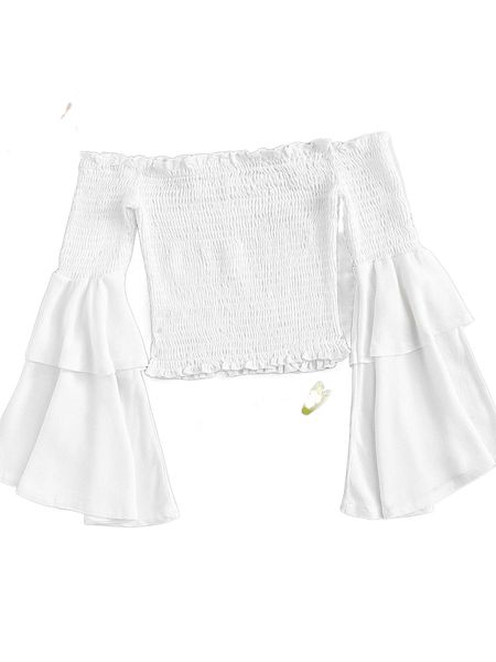 

off shoulder fluted sleeve u57c#, White