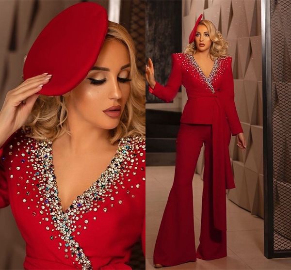 

luxury crystal 2 piece prom dress suits long sleeve beaded crystal red suit with belt fashion evening formal lady pant suits, Black