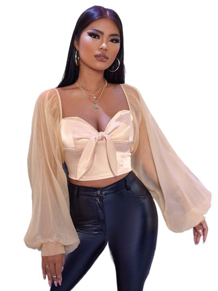 

mesh puff sleeve tie front a5wp#, White