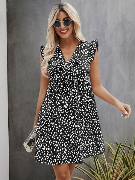 

dalmatian print ruffle trim knot front dress o3oc#, Black;gray