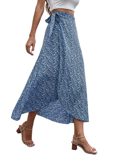 

ditsy floral print tie side wrap skirt u2ta#, Black