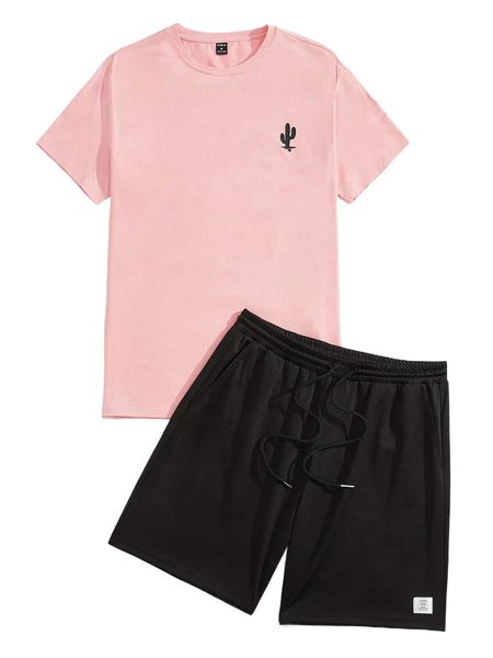 

men cactus print tee & patch detail shorts 28dc#, Gray