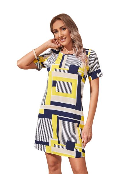 

emery rose geo print round neck tunic dress j1as#, Black;gray