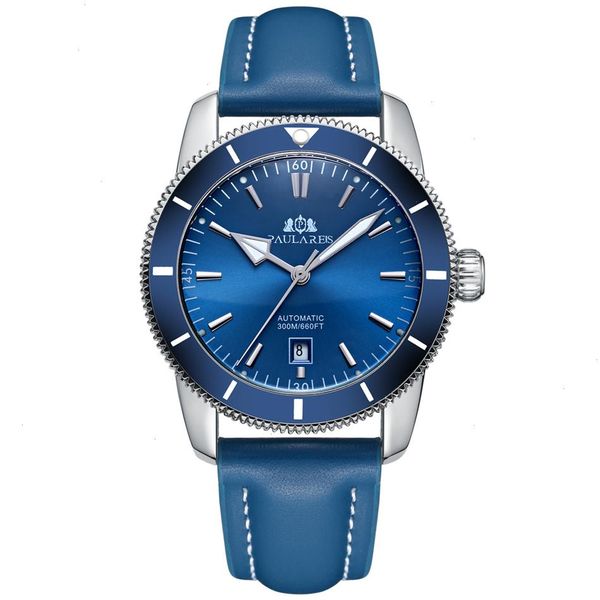 

men automatic self wind watch mechanical net stainless steel black blue leather strap super luxury heritage big face 46mm ocean, Slivery;brown