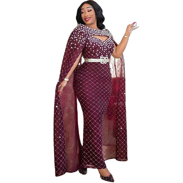 

2023 arabic evening dresses mermaid lemon red crystals formal style dubai indian black sequined cape beads long trumpet prom dress, Black;red