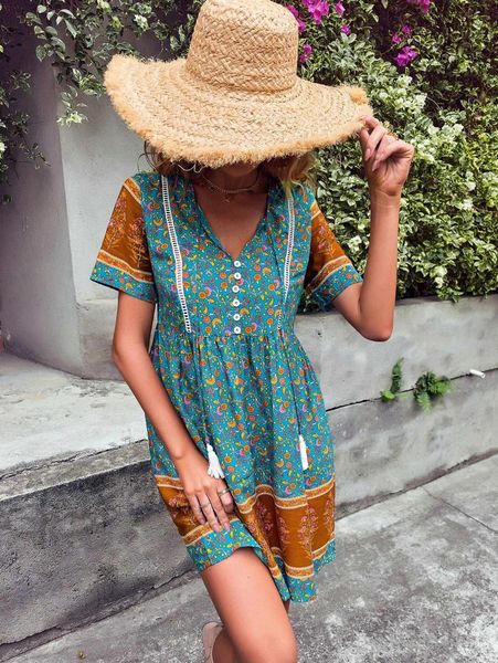 

floral print tassel tie neck guipure lace insert dress g2sj#, Black;gray