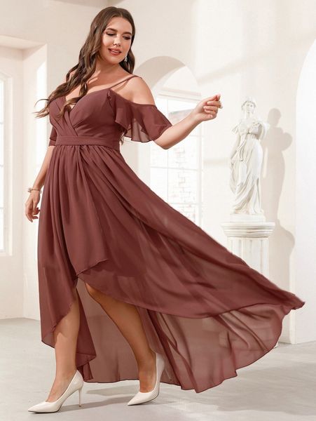 

plus cold shoulder high low hem chiffon prom dress n4na#, Black