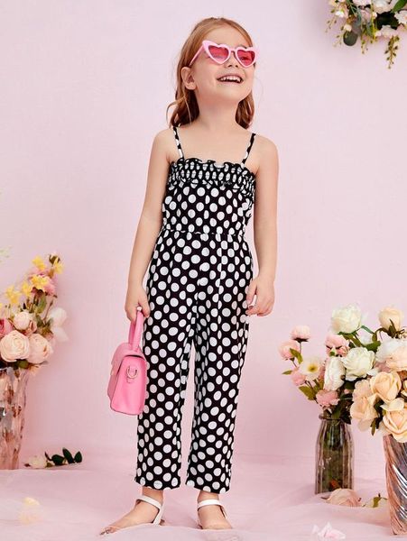 

toddler girls frill trim shirred detail polka dot cami jumpsuit she, Blue
