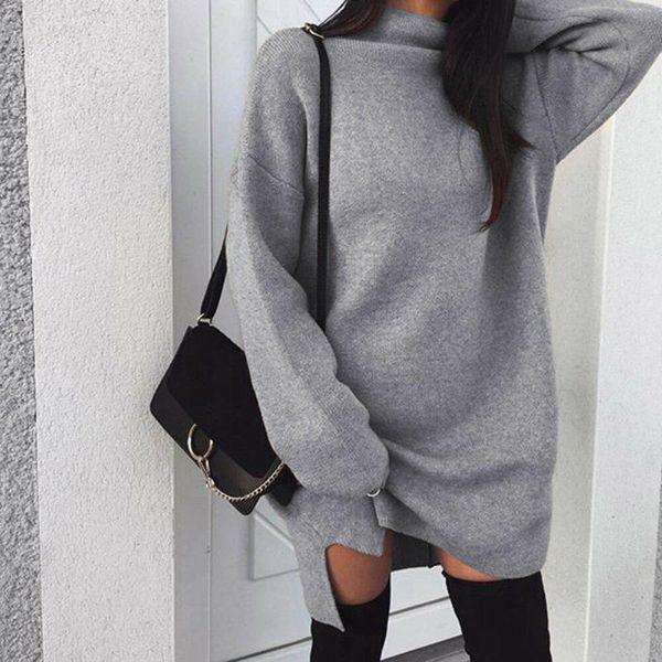 Damen Hoodies Sweatshirts Herbst Mode Frauen Reine Farbe Baggy Langes Minikleid Lässige Damen Ärmel Stehkragen Pullover Winter Pullover Zu