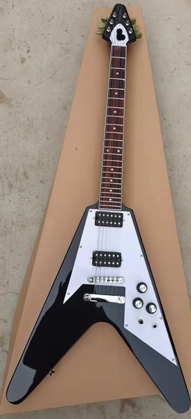 

electric guitar, black flying v, pearl inlay, mahogany body, rosewood fingerboard