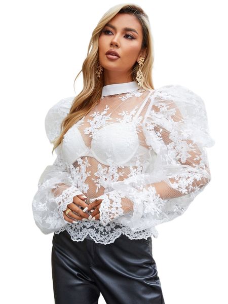 

eilly bazar puff sleeve scallop trim floral lace x58x#, White