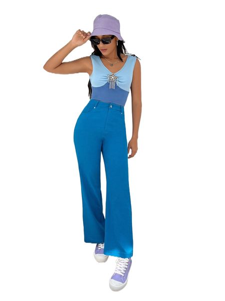 

high waist solid straight leg pants u9vn#, Black;white