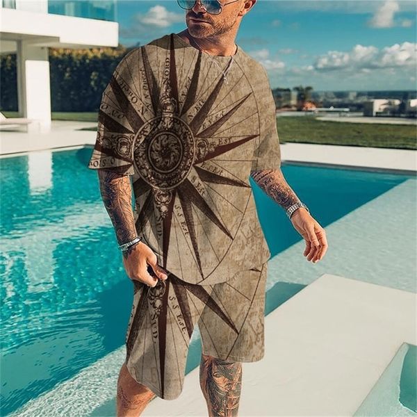 

spring and summer mens womens classic 3d captain world map printing suit crew neck large size t shirt shorts 2 piece set 220721, Gray