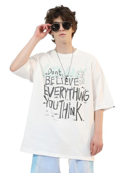 

men cartoon & slogan graphic drop shoulder tee l18r#, White;black
