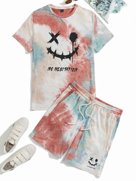 

men tie dye expression & letter graphic tee and track shorts r17k#, Gray